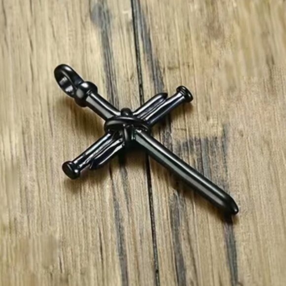 Cross 3 Nail Necklace Religious Statement Piece Pendant Chain w Gift Pouch Black - Picture 3 of 16
